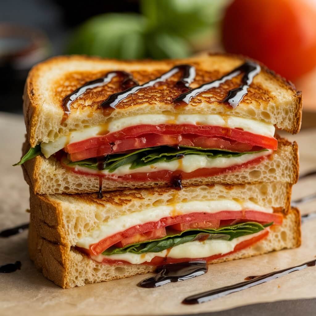 A medium shot of a Caprese-style grilled cheese sandwich cut in half and stacked on parchment paper. The sandwich is topped with a drizzle of balsamic glaze. The sandwich is made with two thick slices of golden, crispy, toasted bread with a perfect, even brown crust. Inside, the sandwich is filled with vibrant, juicy slices of red tomato, fresh green basil leaves, and creamy melted mozzarella cheese. The cheese is slightly melted but still retains its shape, creating a soft, gooey texture that contrasts with the crunchy bread. The tomatoes look fresh and ripe, with some juice visible around the edges, while the basil adds a bright, leafy green layer in between. In the background, a blurred image of a whole tomato and other ingredients are visible, adding context to the Caprese theme. The sandwich is placed on a wooden cutting board, with the parchment paper providing a rustic, casual presentation. The lighting is warm and natural,