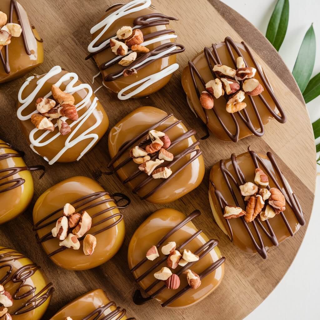 A wooden board with a tempting display of caramel apple slices. Each apple slice is dipped in golden caramel and drizzled with chocolate or sprinkled with chopped nuts. The apples have a shiny, glossy appearance, and the caramel drizzle forms swirls and patterns. The nuts add a contrasting texture. The background is minimalistic, with a few green leaves.