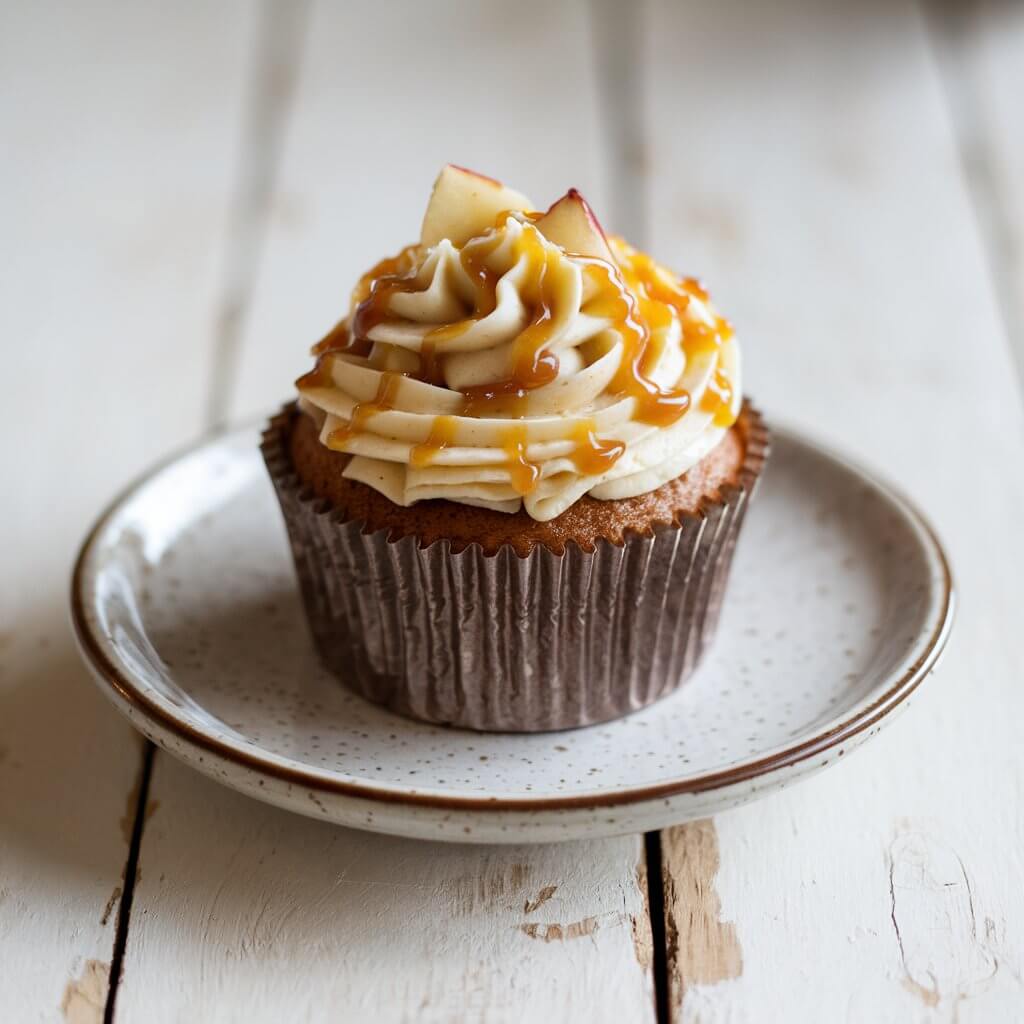 A photo of a cupcake with a warmly spiced cake and caramel frosting. The cupcake is placed on a white ceramic plate on a white wooden table. The cupcake is wrapped in a rustic brown liner. The frosting has a light golden hue and is drizzled with caramel sauce. Small apple pieces are placed on top of the frosting.