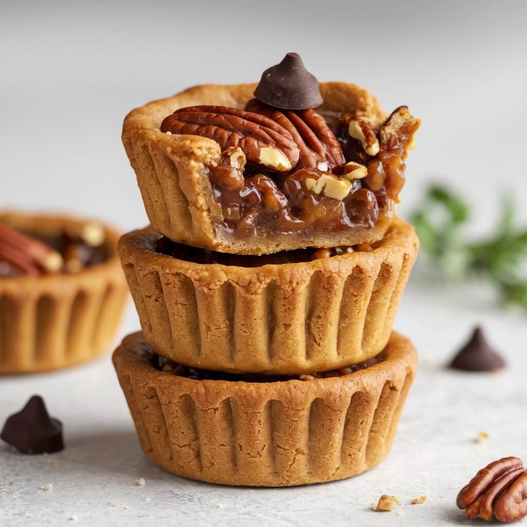 A photo of three stacked miniature pecan pies, each with a golden-brown, flaky pie crust. The crusts are thick, smooth, and slightly glossy, indicating a buttery, well-baked texture. The pies are filled with a rich, caramelized pecan mixture, with visible pieces of toasted pecans on top, giving the pies a slightly crunchy texture. A single chocolate chip is placed on the topmost pie, adding a contrasting dark brown color and smooth texture to the pie’s nutty surface. A few scattered pecan pieces and chocolate chips are placed around the stack on a white surface. In the background, a faint, out-of-focus sprig of green herbs is visible, offering a fresh contrast to the rich, decadent pastries. The overall mood of the image is indulgent and inviting.