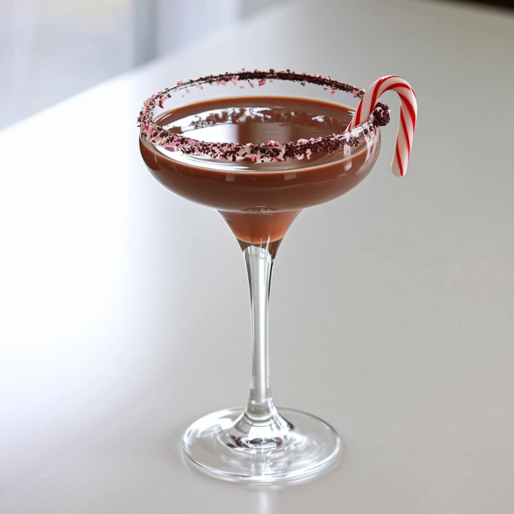 A chocolate peppermint martini cocktail in a martini glass with a chocolate and crushed peppermint rim, filled with a creamy chocolate drink. The glass is garnished with a small candy cane on the side, and the drink is set against a bright white table.