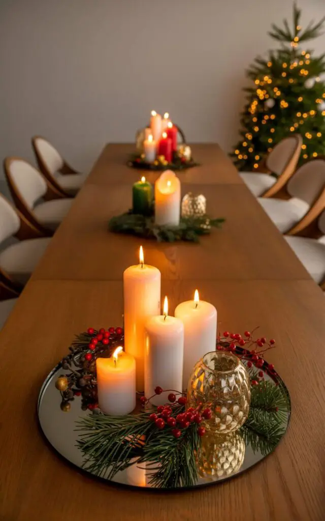 A photograph of an elegant dining room illuminated by the soft, flickering glow of candlelight, featuring a sleek wooden table adorned with minimalist Christmas decorations. The centerpiece consists of white pillar candles of varying heights arranged on a polished silver mirrored tray, surrounded by fresh pine branches, vibrant red holly berries, and delicate golden glass ornaments. Modern dining chairs with plush cream cushions are positioned symmetrically around the table, their clean lines complementing the understated holiday elegance. A softly lit Christmas tree glows warmly in the background corner, while the candles cast a romantic amber light through their green and red glass holders, creating dancing shadows across the room's warm wood tones.