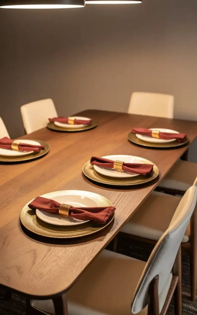 A contemporary dining room photograph showcasing a sleek wooden table set for an elegant Christmas dinner with minimalist sophistication. The table features stunning metallic gold charger plates with subtle hammered textures, each topped with crisp white dinner plates and rich burgundy linen napkins secured with gleaming golden rings. Simple yet luxurious dining chairs surround the table, upholstered in cream-colored fabric with warm wooden legs that complement the table's natural wood finish. Soft pendant lighting from above bathes the scene in a warm glow, highlighting the metallic chargers and creating an intimate, glamorous atmosphere perfect for holiday entertaining.