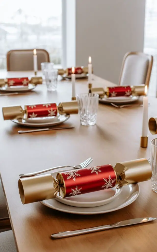 A bright, airy dining room photograph featuring a sleek wooden table elegantly set with minimalist Christmas decorations centered around traditional holiday crackers. Each place setting showcases a beautifully wrapped cracker placed precisely on crisp white plates, the crackers adorned with metallic gold and deep red paper featuring delicate snowflake prints that catch the light. Modern cushioned dining chairs in neutral tones surround the table in perfect symmetry, while polished silver cutlery and crystal glassware create subtle reflective accents. Soft candlelight from slender tapers flickers gently across the scene, casting warm shadows and highlighting the refined balance between festive holiday tradition and contemporary minimalist design.