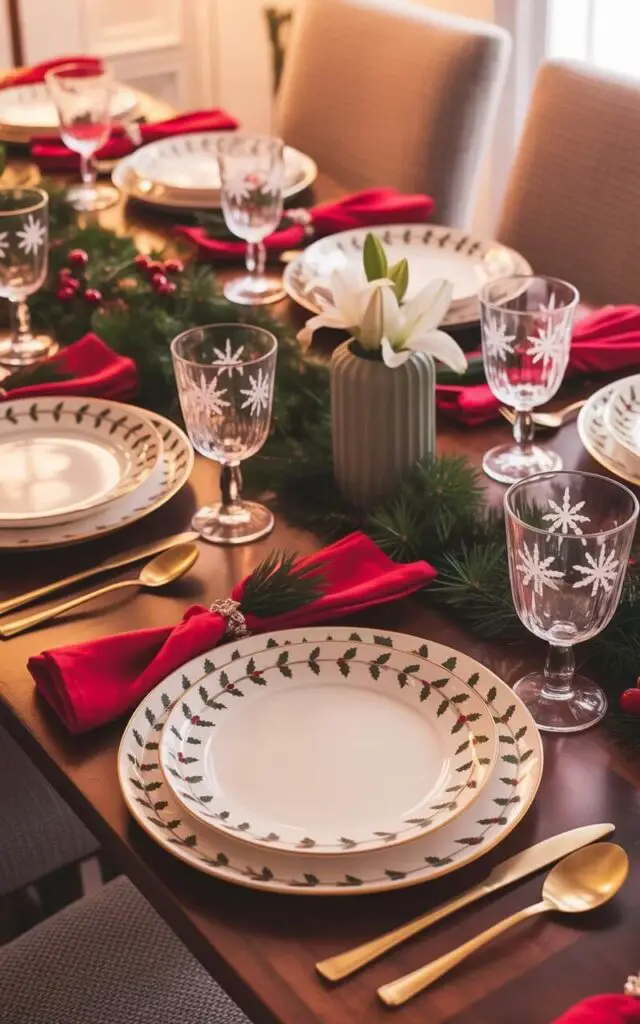 A rectangular dining table with a polished wood surface stands centered in a room, adorned with a Christmas dinnerware set. Each plate features a delicate border of gold and green holly leaves, complemented by matching bowls and crystal glasses with subtly etched snowflake patterns. Vivid red napkins are neatly folded beside gold-toned utensils, while a small, cylindrical vase holds a cluster of white lilies and sprigs of pine branches in the table's center. Neutral-toned fabric upholstery covers the surrounding dining chairs, and a single fork rests on the left side of each setting while a spoon is placed on the right.