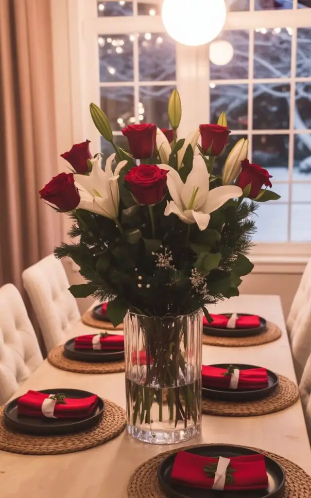 A rectangular dining table sits centrally in a room, displaying a minimalist Christmas floral arrangement as its centerpiece. The arrangement consists of twelve deep red roses, six white lilies, and several sprigs of dark green mistletoe, all contained within a tall, clear crystal vase with a narrow neck. Six white linen upholstered dining chairs are evenly spaced around the table, with their backs facing outward, creating a symmetrical arrangement. Soft light streams in from a large window in the background, revealing a snow-covered lawn and bare tree branches visible outside.