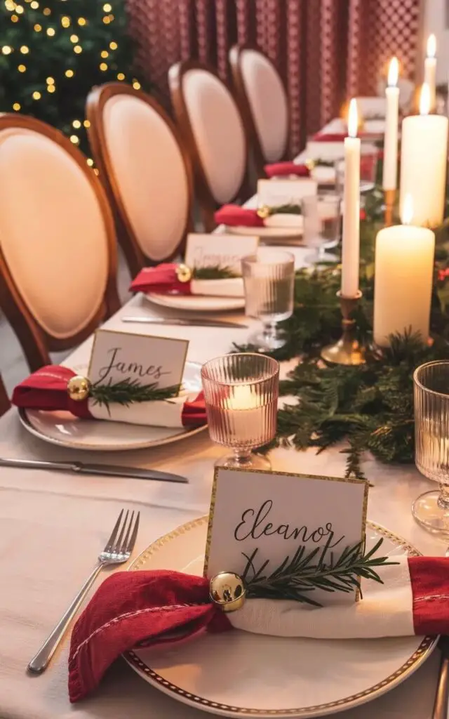 A plain rectangular dining table is centrally positioned within a room, covered with a white linen tablecloth and meticulously set for a Christmas dinner. Each place setting includes a white card with a gold-foil edge displaying a handwritten guest's name in flowing cursive, such as "Eleanor" and "James", resting atop a neatly folded ivory napkin tied with a sprig of fresh rosemary and a small gold jingle bell. Six dining chairs with soft ivory fabric upholstery are arranged around the table, each featuring a simple wooden frame with a gently curved back. Several unscented ivory candles in varying heights are interspersed with small evergreen branches along the table’s center, contributing to the warm and inviting atmosphere of the dining room.