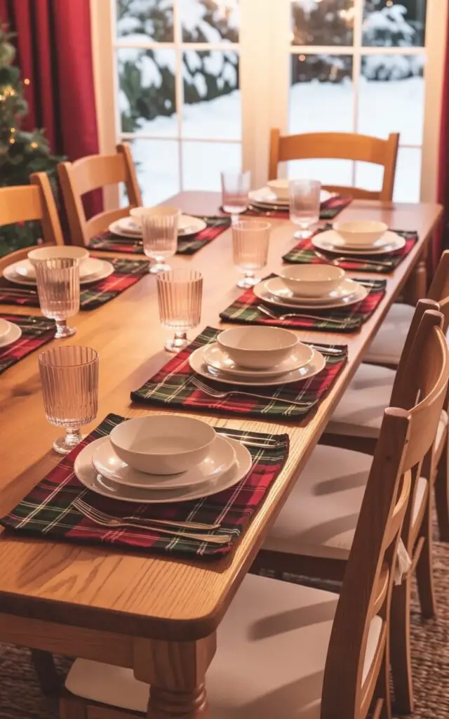A rectangular dining table stands in the center of a spacious dining room, displaying a symmetrical arrangement of tableware. Each place setting includes a woven placemat with a tartan pattern composed of red and green threads, exhibiting subtle metallic highlights, alongside polished white dinnerware and matching clear glassware. The dining chairs are crafted from natural oak with crisp white cushions and are evenly spaced around the table, creating a balanced composition. Large windows at the far end of the room reveal a snow-covered garden illuminated by the soft glow of the late afternoon sun.