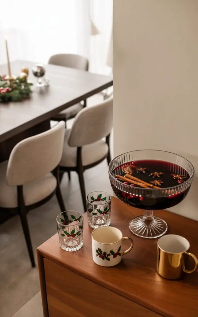 A photograph of an elegant dining room corner featuring a sleek dining table adorned with minimalist Christmas decorations alongside a sophisticated holiday drink station. The dining table showcases simple yet refined festive touches in muted tones, while soft beige dining chairs are arranged neatly around it, creating clean lines and balanced proportions. On the right side, a wooden dresser serves as the focal point, displaying a gleaming crystal punch bowl filled with deep burgundy mulled wine, beautifully garnished with cinnamon sticks, star anise pods, and floating cranberries. The warm, inviting scene is completed by holly-patterned glasses and gold-accented mugs arranged thoughtfully around the punch bowl, with soft natural lighting casting a cozy glow that highlights the rich reds and greens against the neutral palette.