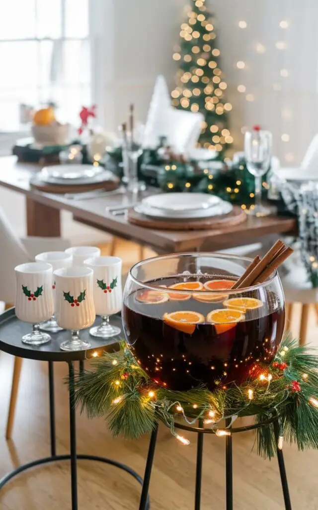 A photo of a festive drink station set beside a Christmas dining table in a welcoming dining room. The punch bowl is filled with mulled wine and garnished with slices of orange and cinnamon sticks. Nearby, festive-themed glasses with holly motifs are displayed on a small side table. Fairy lights and pine garlands drape around the drink station, adding a holiday sparkle.