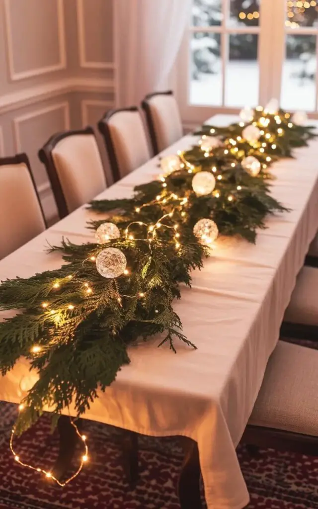 A long, rectangular dining table sits in the center of a softly illuminated room, covered in a white linen tablecloth. Strands of warm white fairy lights are interwoven with lush evergreen garlands and delicate crystal ornaments that reflect the light, running the length of the table. Six evenly spaced dining chairs, upholstered in light beige fabric, surround the table with their backs to the viewer. The room features pale gray walls and a polished wooden floor, with a large window showing a snow-covered garden visible through sheer white curtains.