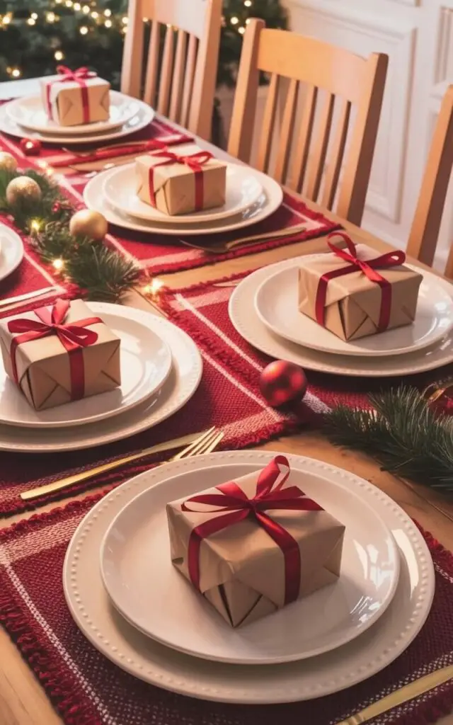 A light wood dining table is arranged with five placesettings, each featuring a small, square gift wrapped in brown kraft paper and secured with a thin, red satin ribbon. The gifts sit atop snow-white ceramic dinner plates, which are centered on the table. Five light wood dining chairs with cream-colored cushions are positioned around the table, each aligned precisely. Scattered across the table are a few sprigs of pine and small, golden ornaments, suggesting a festive atmosphere within a simply decorated room.