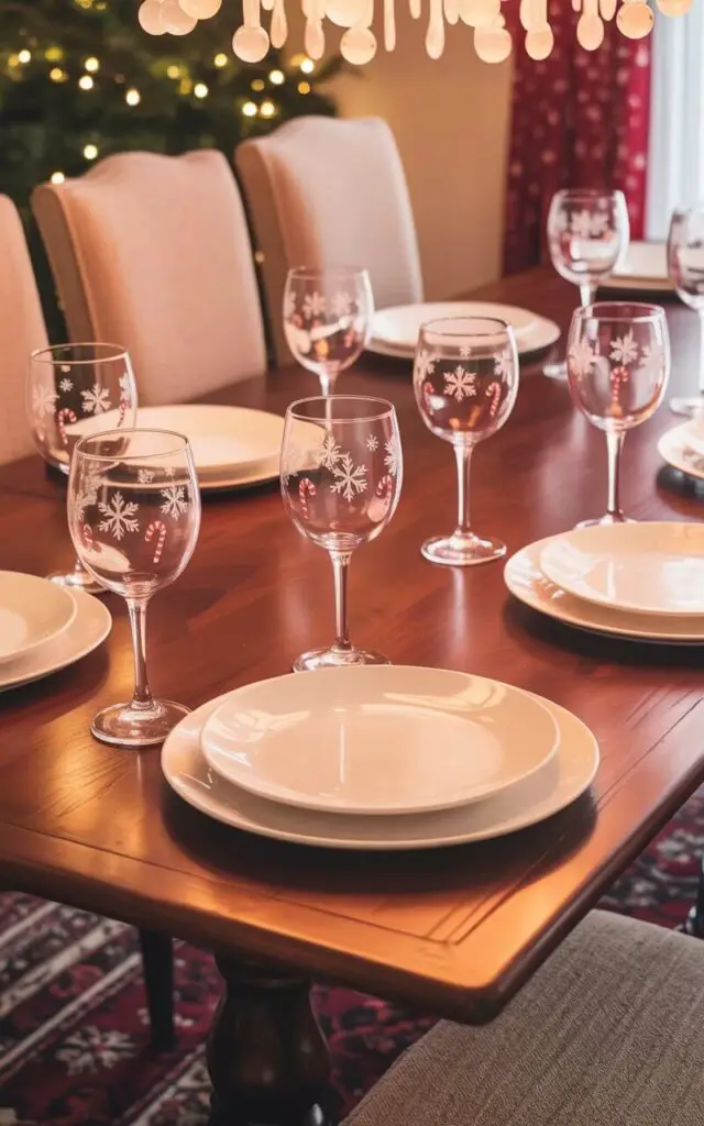 A rectangular dining table with a smooth, dark wood surface is centered within a spacious dining room. Six identical wine glasses, each etched with repeating patterns of holly leaves, candy canes, and six-pointed snowflakes, are arranged along the table's surface, accompanied by six crisp white ceramic plates. Linen upholstered dining chairs, each with a gently curved back, are positioned around the table, spaced evenly. A chandelier with frosted glass droplets hangs from the ceiling, casting gentle candlelight across the table and reflecting off the etched glassware, while a patterned Persian rug lies on the polished hardwood floor beneath the table.