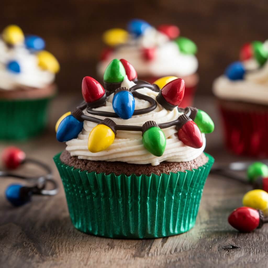 A photo of a cupcake with a green liner, decorated with chocolate Christmas lights. The "lights" are made of candy-coated chocolates in red, blue, green, and yellow, creating a playful and eye-catching design. The background is a wooden surface with a few other cupcakes.