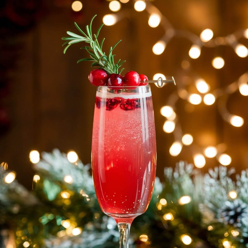 A photo of a sparkling Christmas mimosa cocktail in a tall champagne flute. The cocktail has a bright cranberry-red hue. It is garnished with a sprig of rosemary and fresh cranberries. The flute is positioned against a festive background of Christmas lights and garland.