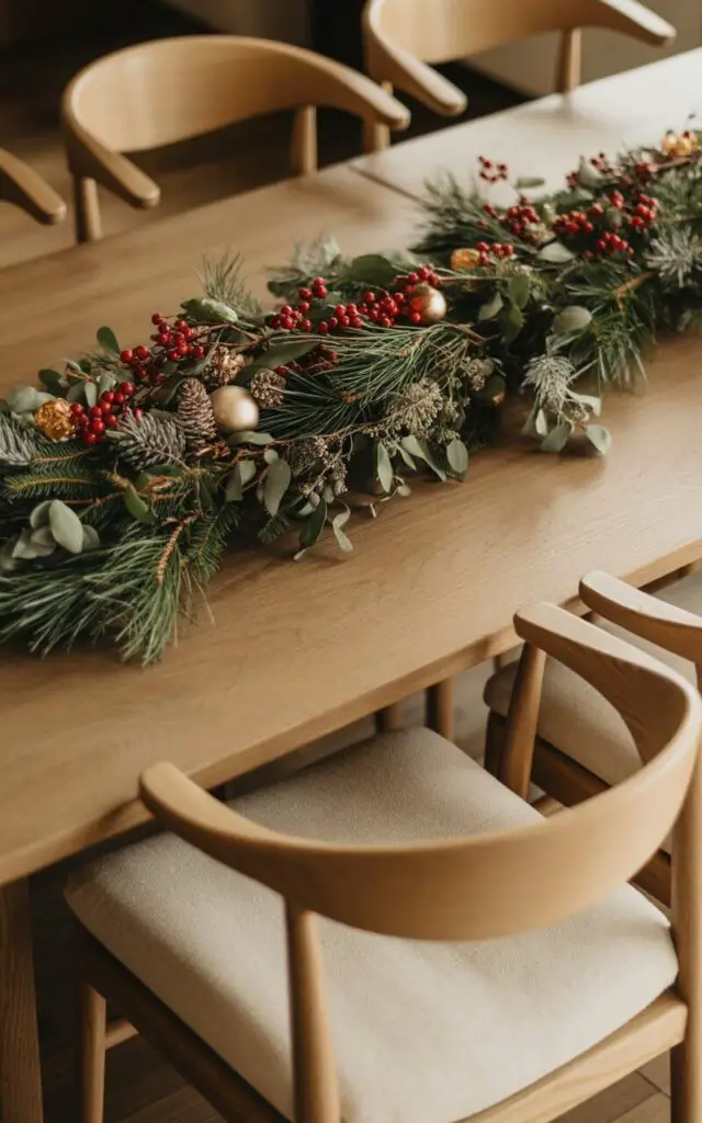 A photograph of a rustic modern dining room featuring a sleek wooden dining table adorned with an elegant natural Christmas centerpiece. The table runner is artfully arranged with fresh pine branches, silvery eucalyptus sprigs, and clusters of vibrant red berries, interwoven with small weathered pinecones and delicate golden ornaments that catch the light. Light oak dining chairs with soft cream linen cushions surround the table, their clean lines complementing the organic textures of the natural arrangement. Warm natural light filters through the space, creating gentle shadows that enhance the earthy tones and highlighting the subtle sparkle of the golden accents nestled within the greenery.