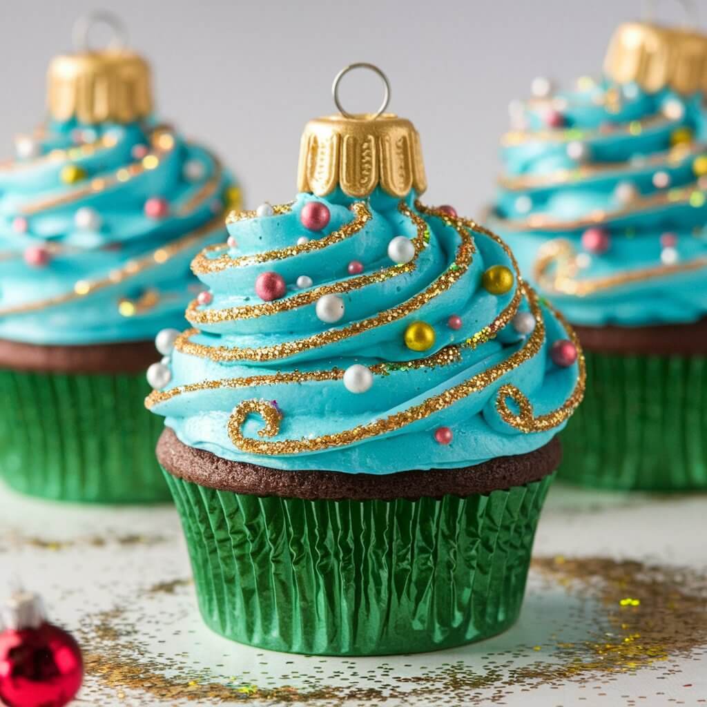 A bright and colorful cupcake decorated to look like a Christmas ornament. The frosting is smooth and shimmery, with designs in gold and silver to mimic decorative swirls. Edible glitter and a gold fondant “cap” on top give it an authentic ornament look.