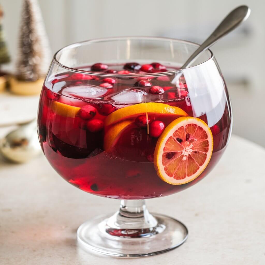 A photo of a large glass bowl filled with a vibrant Christmas punch cocktail. The punch is a deep red colour and contains slices of citrus, ice, and floating cranberries. There is a ladle inside the bowl. The bowl is placed on a plain white table. The background is blurred and consists of a fewdecorative items.