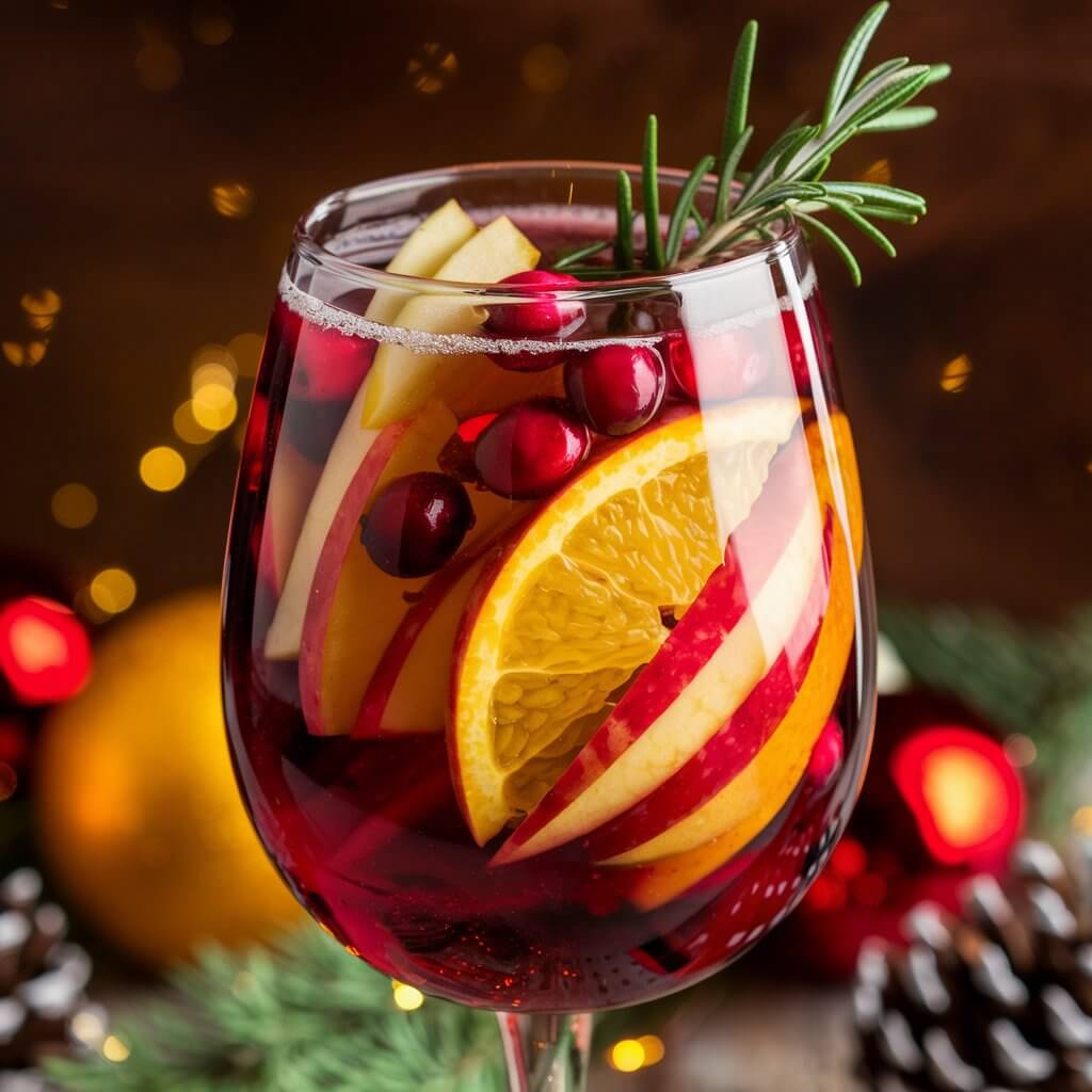 A large wine glass filled with a colorful Christmas sangria cocktail. The deep red sangria is filled with slices of apple, orange, and cranberries that are floating on the surface. A sprig of rosemary is placed on top of the cocktail. In the background, there are holiday ornaments and pine cones, adding to the festive atmosphere. The overall image has a warm hue.