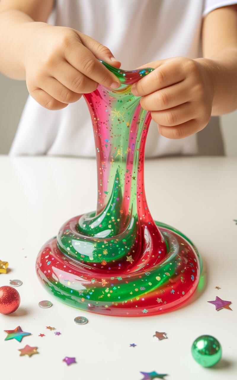 A photograph of a child's hands stretching vibrant Christmas-themed slime in festive red and green swirls, with iridescent glitter catching the light as it oozes between small fingers. The slime has a glossy, gooey texture with embedded sparkles and tiny holiday confetti pieces, creating mesmerizing patterns as it's pulled and manipulated. Scattered across the clean white craft table are additional glitter particles, star-shaped confetti, and small holiday decorations that have fallen from the slime-making process. Soft, bright lighting illuminates the scene from above, highlighting the tactile, sensory nature of the craft and creating a cheerful holiday crafting atmosphere.