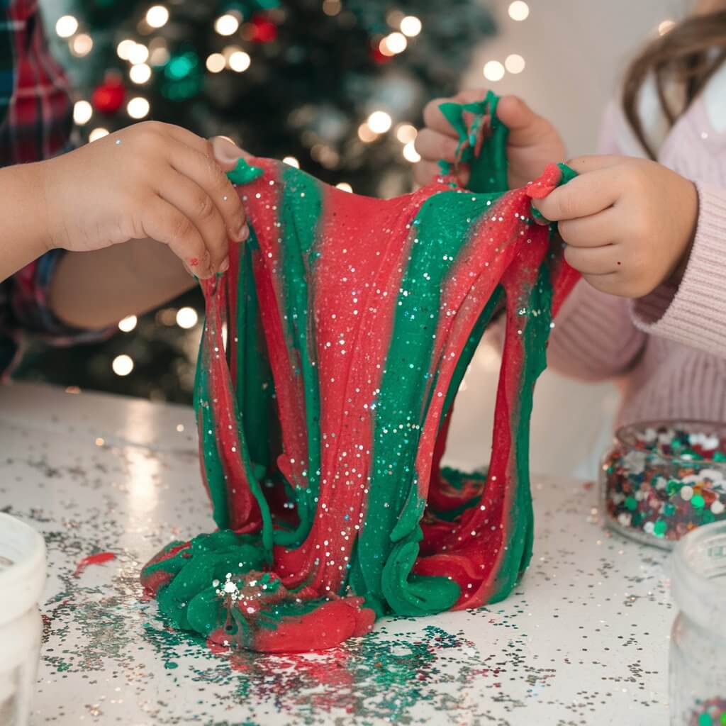 A photo of a gooey, glittery Christmas slime craft in red and green, being stretched and played with by kids. Glitter, confetti, and slime ingredients are scattered around the craft table, emphasizing the sensory and hands-on nature of this holiday slime project.