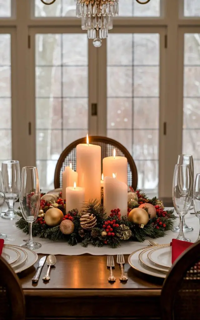 A photo of a Christmas dining table in a traditional dining room. The table is set with white tablecloth, silverware, and festive plates. In the center of the table, there are tall pillar candles surrounded by pine branches, red berries, and gold baubles. The candles cast a warm, glowing light over the room, creating a cozy and inviting atmosphere for the holiday season. The background contains a large window with a view of a snowy landscape and a chandelier.