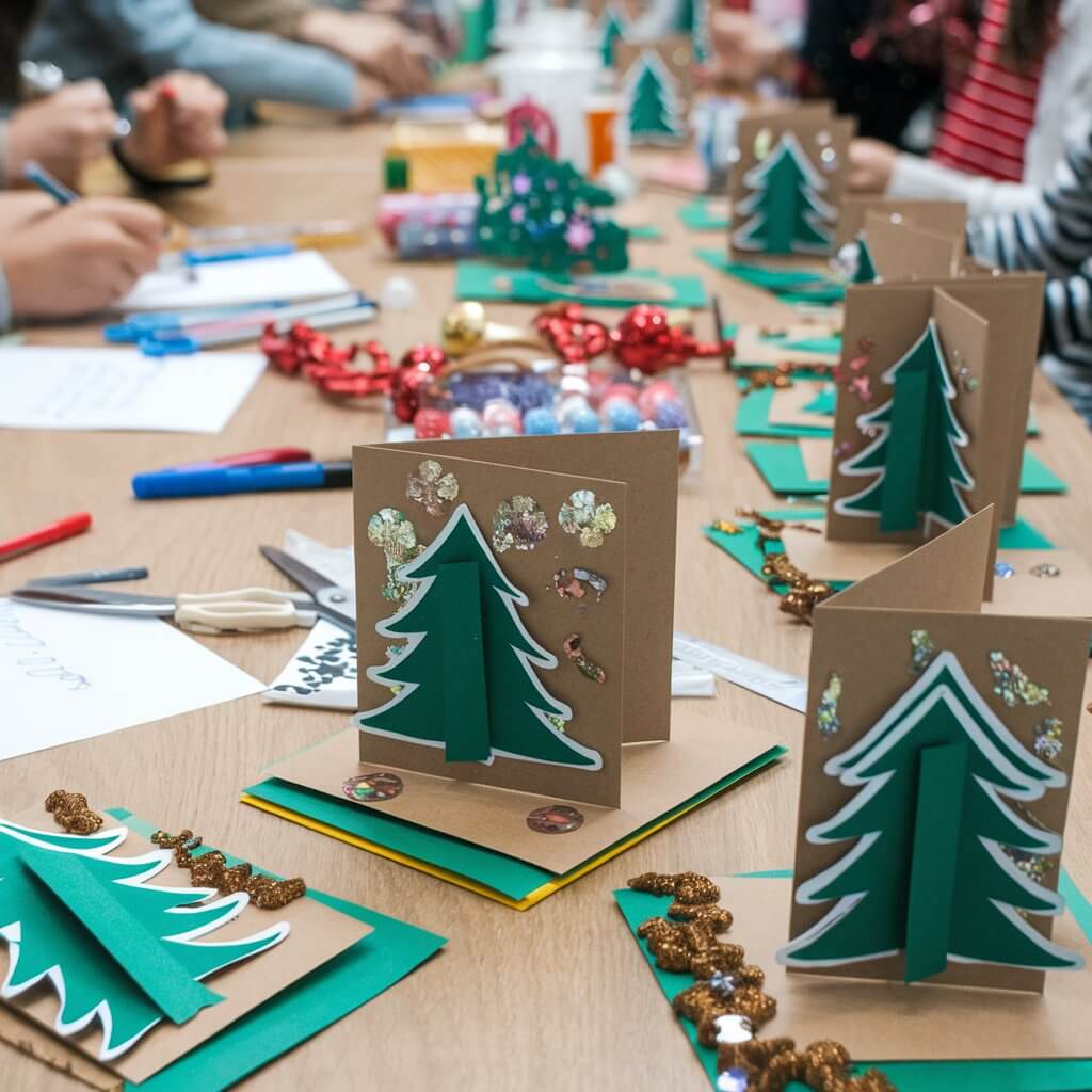 A photo of a table filled with handmade Christmas cards. The cards have 3D Christmas tree cutouts on the front, decorated with stickers and glitter. There are also scissors, markers, and construction paper on the table. In the background, kids are writing messages inside the cards, celebrating the personalized touch of this craft.