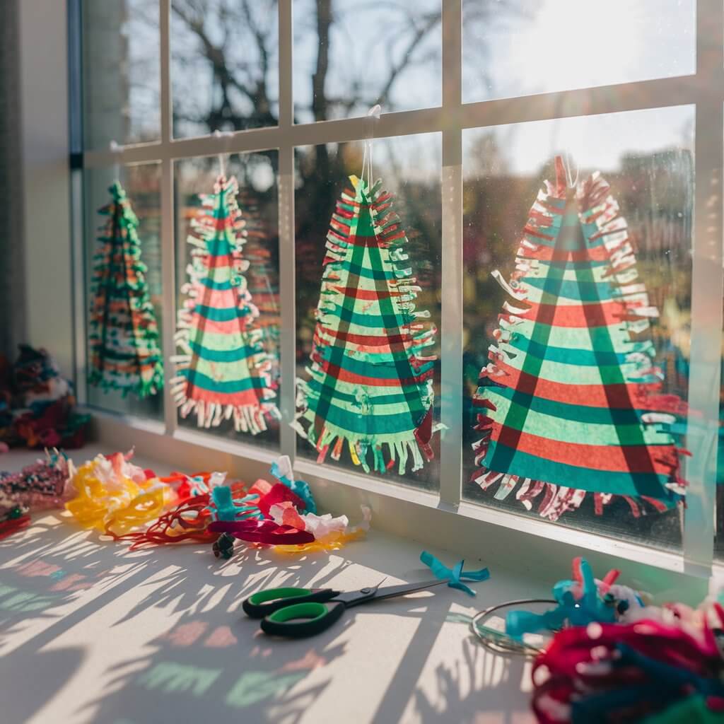 A photo of a sunny window adorned with colorful Christmas tree suncatchers made from tissue paper and contact paper. The craft area includes scattered tissue paper in festive colors and scissors. Sunlight streams through, showcasing the vibrant, glowing effect of the craft.