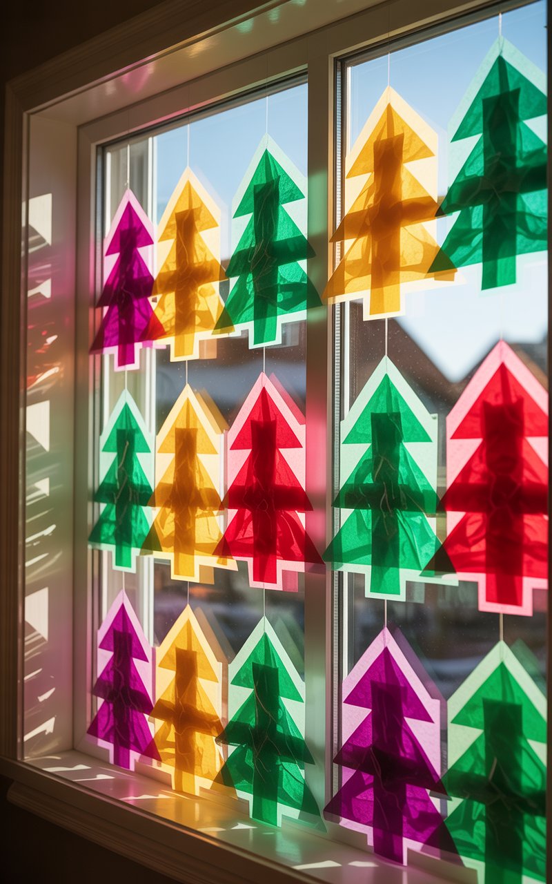 A warm photograph of a large window frame filled with handmade Christmas tree suncatchers crafted from vibrant tissue paper and clear contact paper. The suncatchers display a rainbow of festive colors - emerald green, ruby red, golden yellow, and deep purple - creating translucent Christmas tree silhouettes that glow brilliantly as natural sunlight streams through them. Each craft piece shows delicate layers of crumpled tissue paper trapped between contact paper, creating organic textures and color variations within the tree shapes. The bright afternoon sun casts colorful shadows and light patterns across the window sill and surrounding wall, transforming the simple children's craft into a stunning display of luminous holiday art.