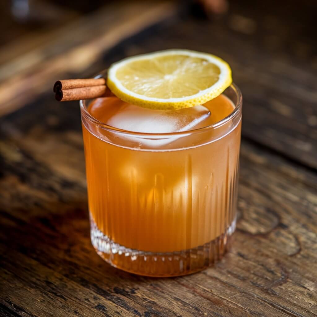 A photo of a cinnamon bourbon sour cocktail in a short tumbler glass. The cocktail has a warm amber color and is topped with a cinnamon stick and a thin lemon slice. The glass sits on a rustic wooden table. There's an ice cube in the cocktail.