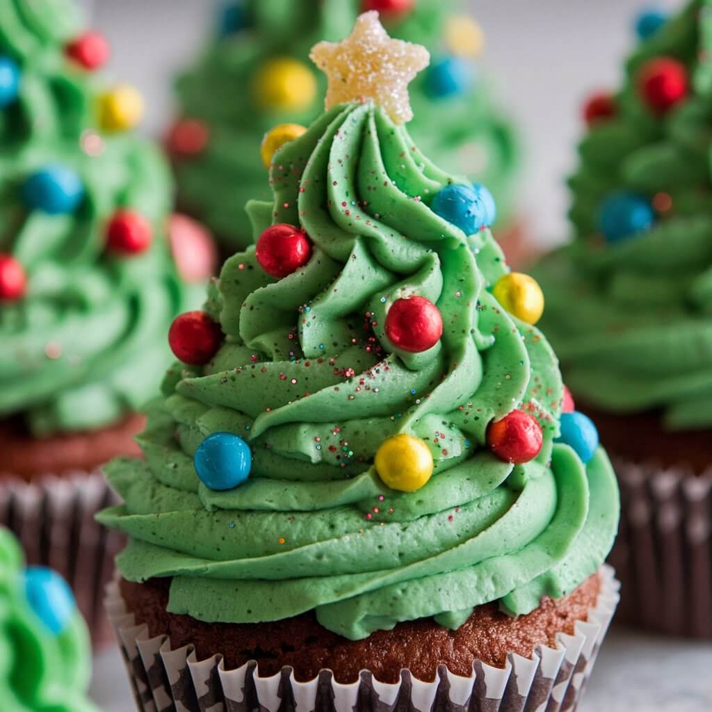 A photo of a close-up shot of a cupcake decorated like a Christmas tree. The cupcake has green-tinted frosting swirled in a tall, conical shape. The "tree" is adorned with tiny candy ornaments in bright red, yellow, and blue. There is a light dusting of edible glitter on the tree, making it sparkle. A star-shaped candy sits at the peak of the tree. The base of the cupcake has a rustic brown paper liner, adding a cozy holiday feel.