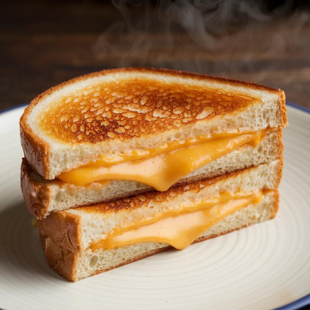 A photo of a perfectly golden-brown classic grilled cheese sandwich, cut in half to show the melted cheddar cheese oozing between two crispy slices of buttered bread. The sandwich is placed on a simple white plate, with a subtle steam rising, giving it a fresh, warm look. The edges of the grilled cheese are slightly browned, adding texture and crunch.