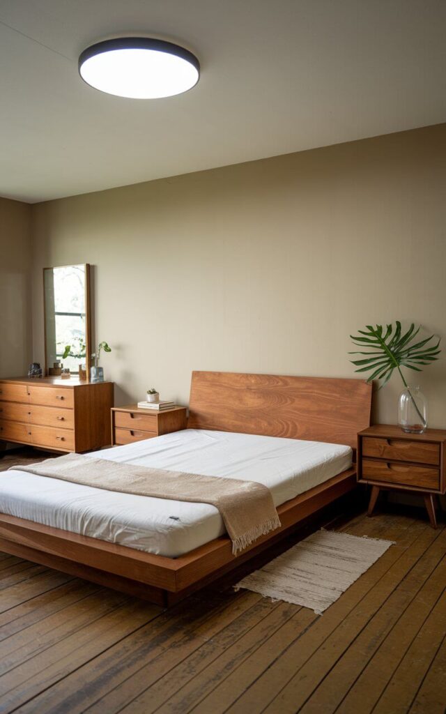 A photo of a Japandi bedroom with a wooden platform bed, nightstands, and a dresser. The bed has a white mattress and is covered with a beige blanket. There's a small vase with a green plant on one of the nightstands. The dresser has a mirror and is placed near the wall. The room has wooden flooring and is illuminated by a ceiling light. The walls are painted beige.