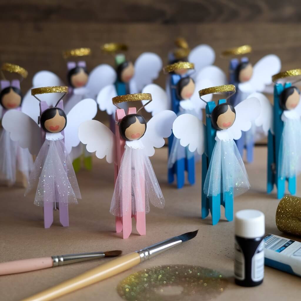 A photo of a collection of delicate clothespin angels. Each angel has paper wings, a glittery halo, and a white dress. The clothespins are painted and displayed upright. There are crafting tools like paintbrushes, glue, and glitter bottles spread out. The background is a wooden surface.