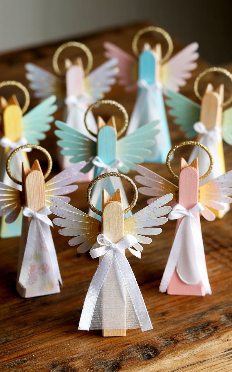 A photograph of a charming collection of handcrafted clothespin angels arranged on a rustic wooden table. Each delicate angel features a wooden clothespin body painted in soft pastel colors, adorned with translucent paper wings that catch the light, a shimmering gold glitter halo, and a flowing white fabric dress tied with tiny ribbon bows. The angels stand upright in various poses, some with arms outstretched and others in prayer-like positions, creating a whimsical display of folk art craftsmanship. The warm wooden surface beneath them shows natural grain patterns and gentle shadows cast by soft, diffused lighting that highlights the angels' intricate details and creates a cozy, homemade atmosphere.