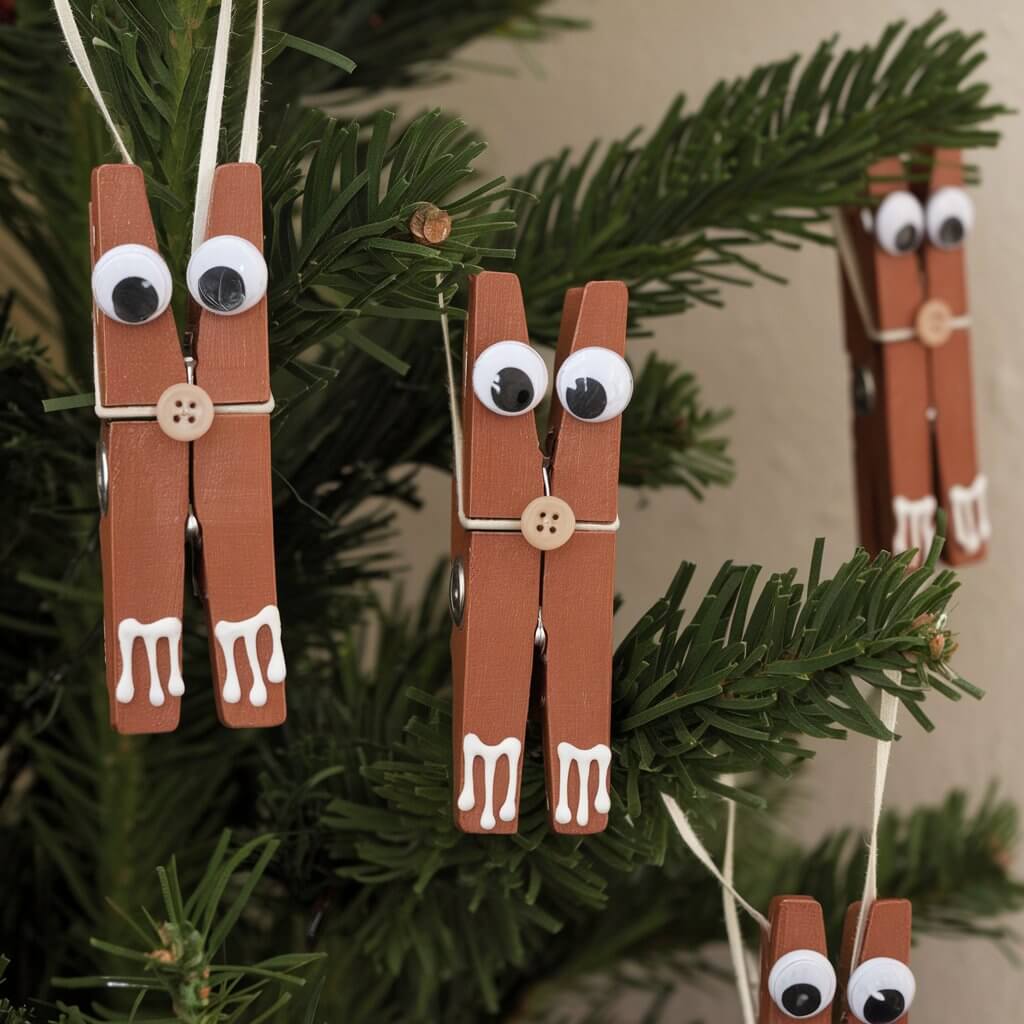 A Christmas tree with clothespin ornaments. Each clothespin is painted brown, has googly eyes, and a small button. The clothespin legs are decorated with white icing details. The clothespins are clipped onto the branches of the tree. The background is a beige wall.