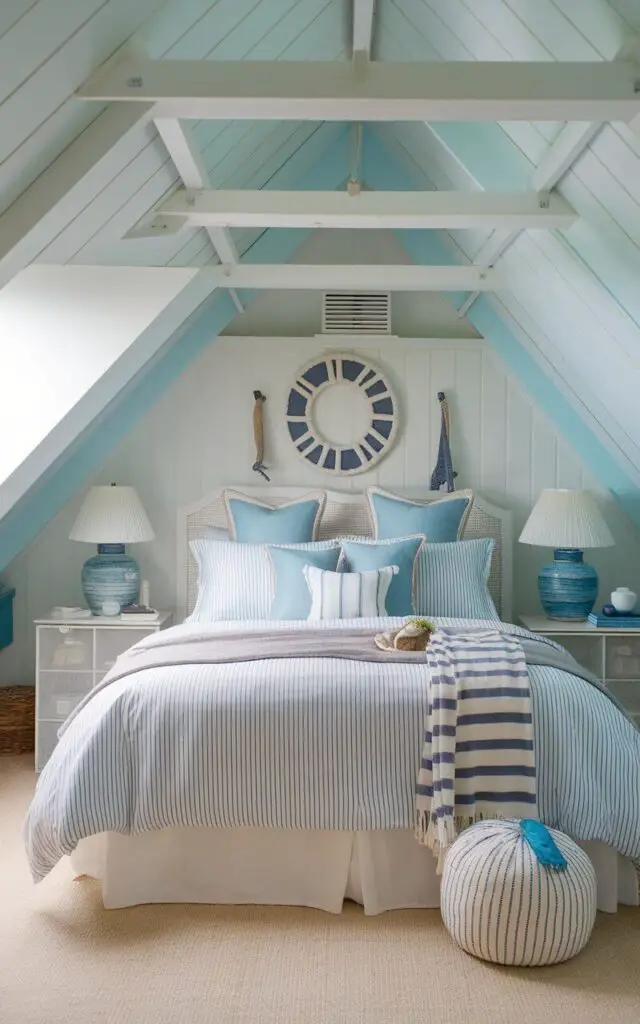 A photo of a serene attic bedroom with a coastal theme, featuring soft blue and white tones. The cozy bed, with striped linens and nautical-inspired decor, is the centerpiece of the room. The light, airy colors and beachy decor create a relaxing, seaside vibe.