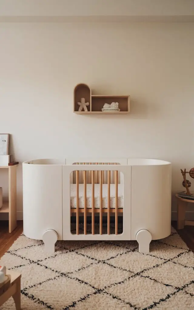 A medium shot of a modern, minimalistic toddler bedroom. The centerpiece is a convertible crib that transitions from a baby crib to a cozy toddler bed. The crib is sleek white and fits perfectly into the room's design. There's a soft, patterned rug beneath the crib. On the wall, there's a simple, wooden shelf with a few items. The room has a few pieces of furniture, including a chair and a table. The floor is hardwood.