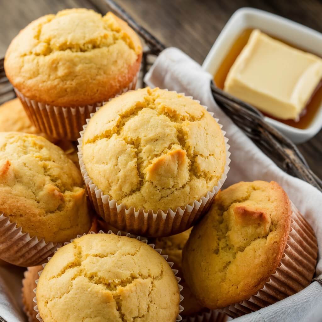 A photo of a basket of golden-brown cornbread muffins with slightly crisp edges. The tops of the muffins are cracked and airy, revealing the soft, fluffy inside. A small dish of honey butter is placed next to the basket, adding a rustic, homemade vibe. The background is a wooden surface.