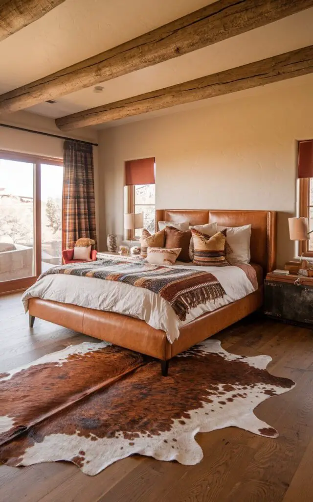 A full image of a Southwestern bedroom with a cozy bed placed atop a cowhide rug. The soft, organic texture of the cowhide contrasts with the sleek hardwood floor, while the surrounding decor includes leather accents and earthy tones, enhancing the room’s rustic vibe.