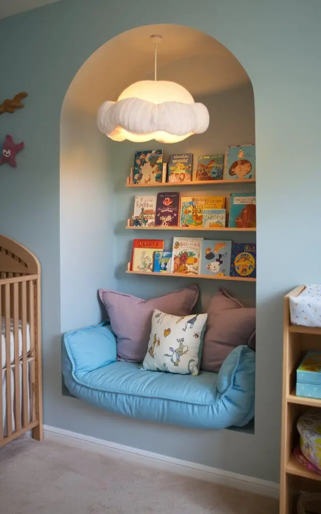 A photo of a small toddler bedroom with a dedicated reading nook in the corner. The nook is filled with soft cushions, a beanbag chair, and a small bookshelf filled with colorful picture books. A whimsical cloud-shaped lamp hangs above the nook, adding to the cozy atmosphere. The room has a few other pieces of furniture, including a crib and a changing table. The walls are painted in a soft blue color.