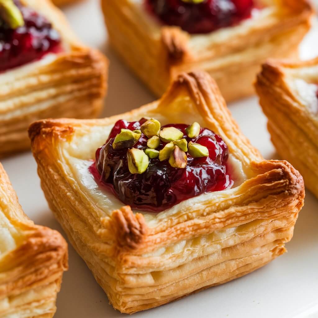 A photo of a close-up shot of a puff pastry appetizer, likely a cranberry and brie bite. Each pastry consists of golden, flaky puff pastry that has puffed up around the edges, forming a square-like shape with crinkled, light brown corners. Inside the pastry cup, there is a filling of rich, dark red cranberry sauce or jam. The cranberry filling is glossy and slightly textured, with visible chunks of cranberries. Sprinkled on top of the cranberry filling are small pieces of crushed pistachios, adding a pop of green color. The pastry appears warm and fresh, sitting on a clean white surface, likely a serving plate. The overall look is festive and appetizing.