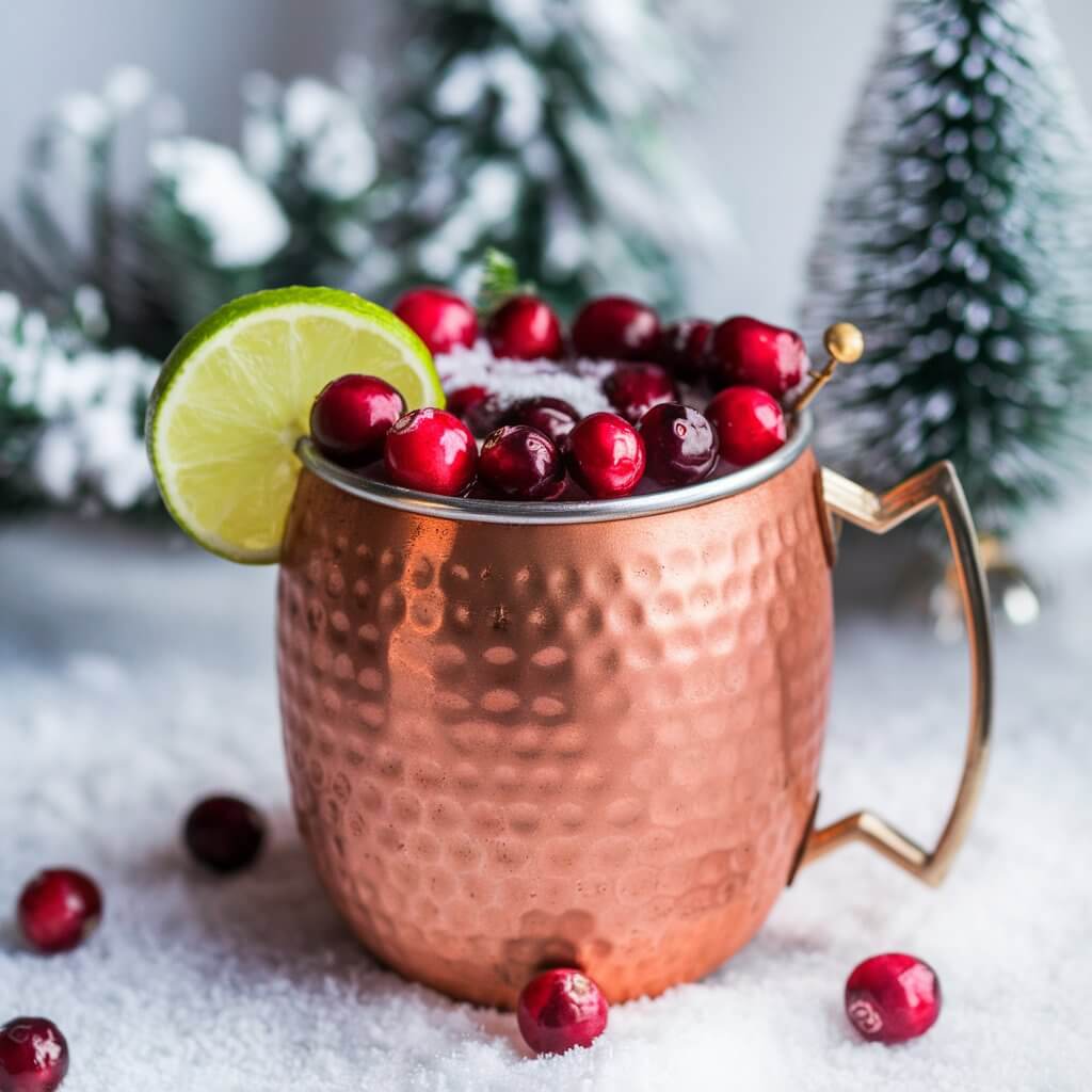 A holiday-themed photo of a cranberry Moscow mule cocktail served in a copper mug. The cocktail is garnished with fresh cranberries and a thin slice of lime. The background contains snowy decorations.