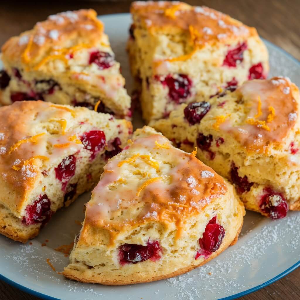 A photo of a plate of freshly baked cranberry orange scones. Each scone is speckled with bright red cranberries and flecks of orange zest. The golden-brown tops have a light sugar glaze, giving the scones a warm, inviting appearance. There is a sprinkle of sugar on the plate around the scones. The plate is on a wooden surface.