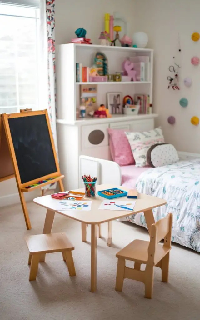 A photo of a toddler bedroom with a designated creativity zone next to a cozy toddler bed design. There is a child-sized table with crayons, paper, and craft supplies. There is a small easel and a chalkboard that encourage artistic activities. The room has bright colors and whimsical decor, creating a fun, imaginative space.