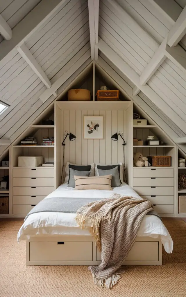 A cleverly designed attic bedroom with built-in shelves and wardrobes under the sloped ceilings. The very cozy bed fits snugly between custom-built furniture, with soft cushions and a knitted throw. The furniture maximizes storage space without compromising the room's open feel.