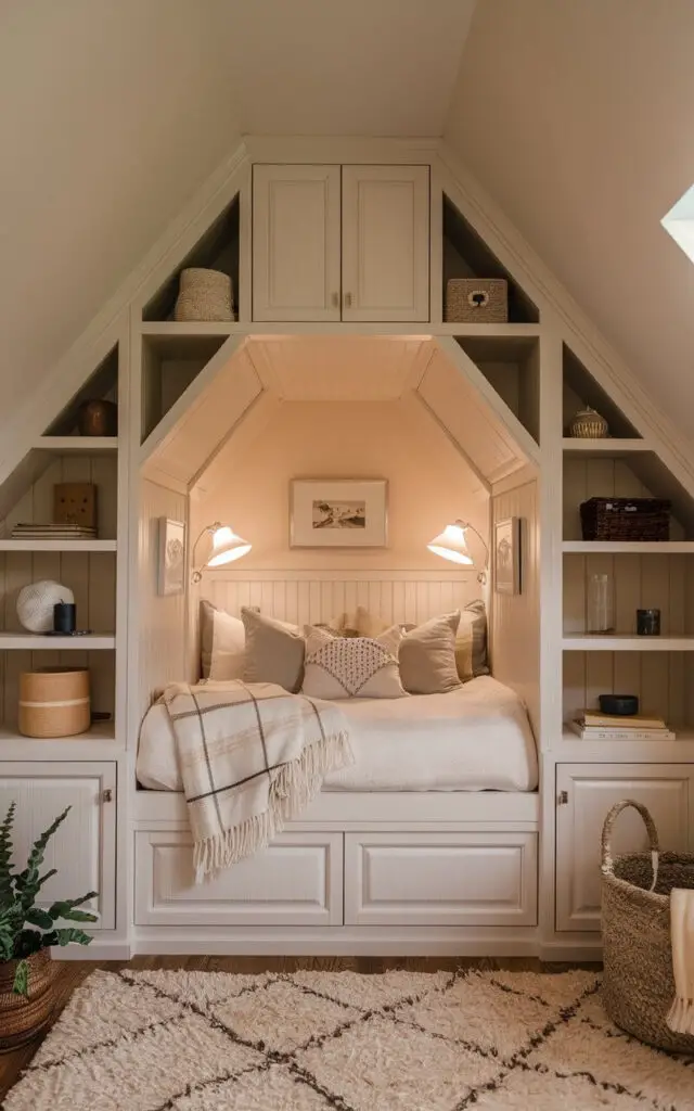 A photo of a small attic bedroom maximized with custom-built carpentry. There is a built-in bed with a headboard integrated into the cabinetry, and there are multiple shelving units throughout the room. The room is cozy, with soft bedding and warm lighting. The walls are painted in a soft beige hue. The floor is covered with a plush rug. There are a few decorative items, include a lamp, a basket, and a small plant.