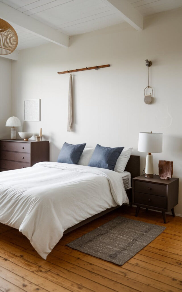 A photo of a clean and organized Japandi bedroom with minimal furnishings. The room has a wooden floor and features a queen bed with a white duvet and two blue pillows. There's a dark brown dresser and a matching nightstand beside the bed. The dresser has a few items, including a lamp and a decorative white bowl. The nightstand has a white lamp and a small, brown, square object. The walls are painted white and have a few hanging items, including a pendant light and a few decorative pieces.