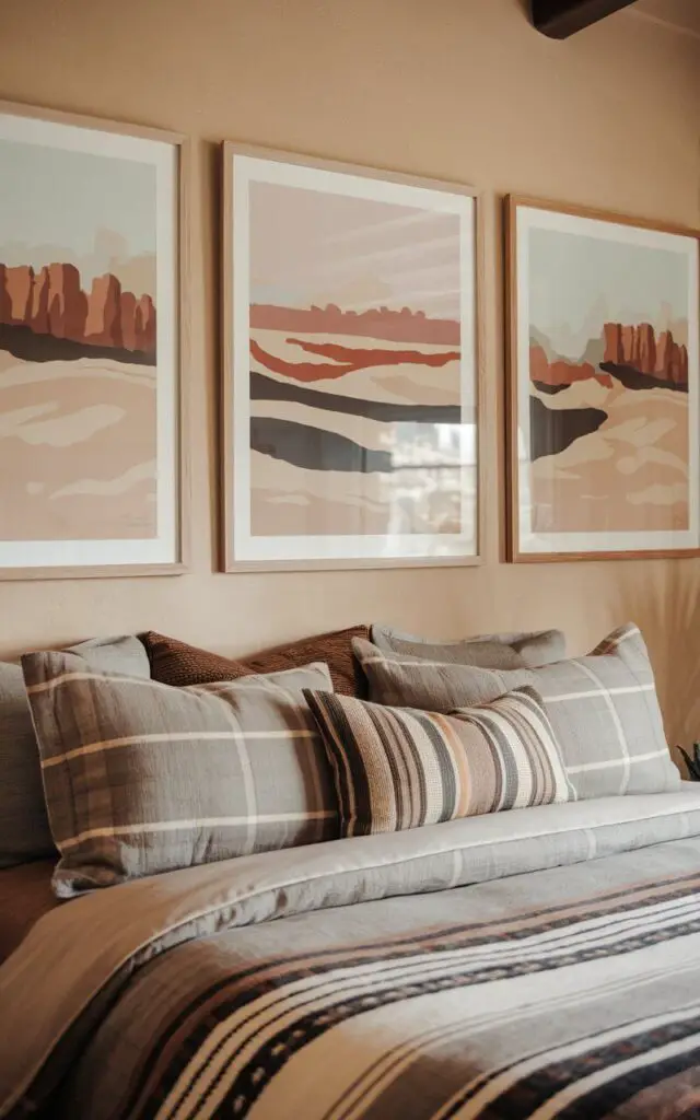 A photo of a cozy bed set against a backdrop of desert-inspired artwork in a Southwestern bedroom. The walls display framed prints of desert landscapes, with colors that complement the soft, neutral tones of the bedding. The art creates a striking focal point that enhances the room’s ambiance.