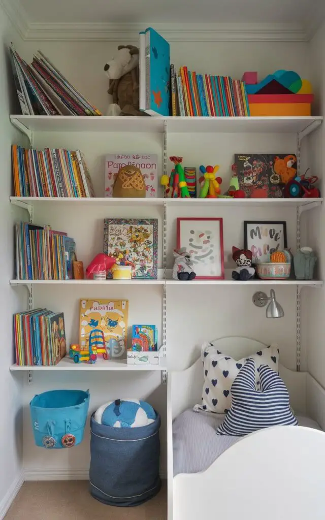 A photo of a small toddler bedroom with open display shelving. The shelves are filled with colorful books, toys, and personal items. The cozy toddler bed design is placed adjacent to the shelves. The room is organized and has a playful and visually appealing focal point.